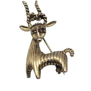 Reindeer Brooch Gold Tone Ribbed Red Rhinestone Eyes Collectors Item Vintage